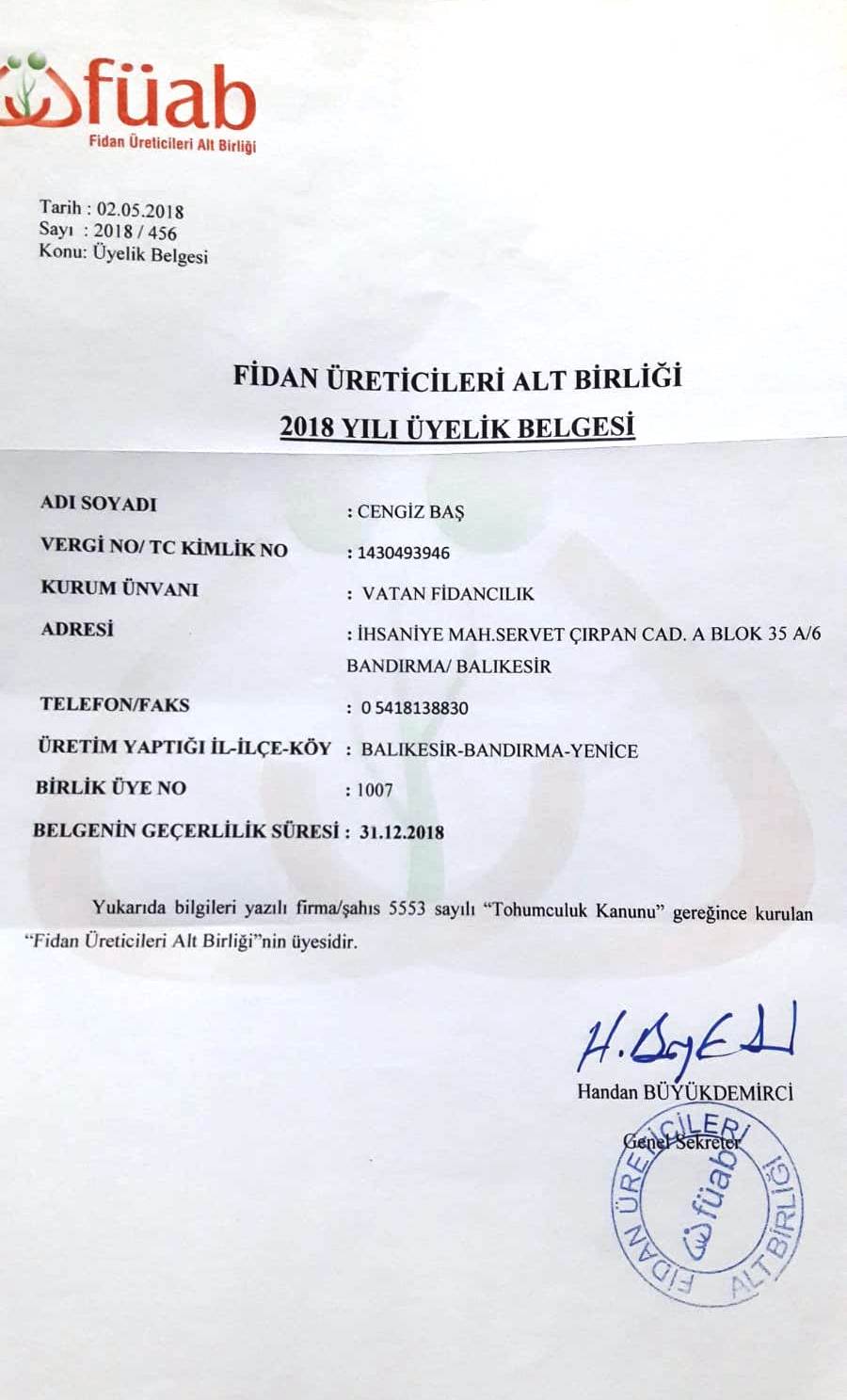 Vatan Fidancılık sertifika görseli