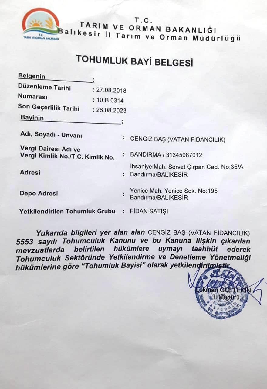 Vatan Fidancılık sertifika görseli